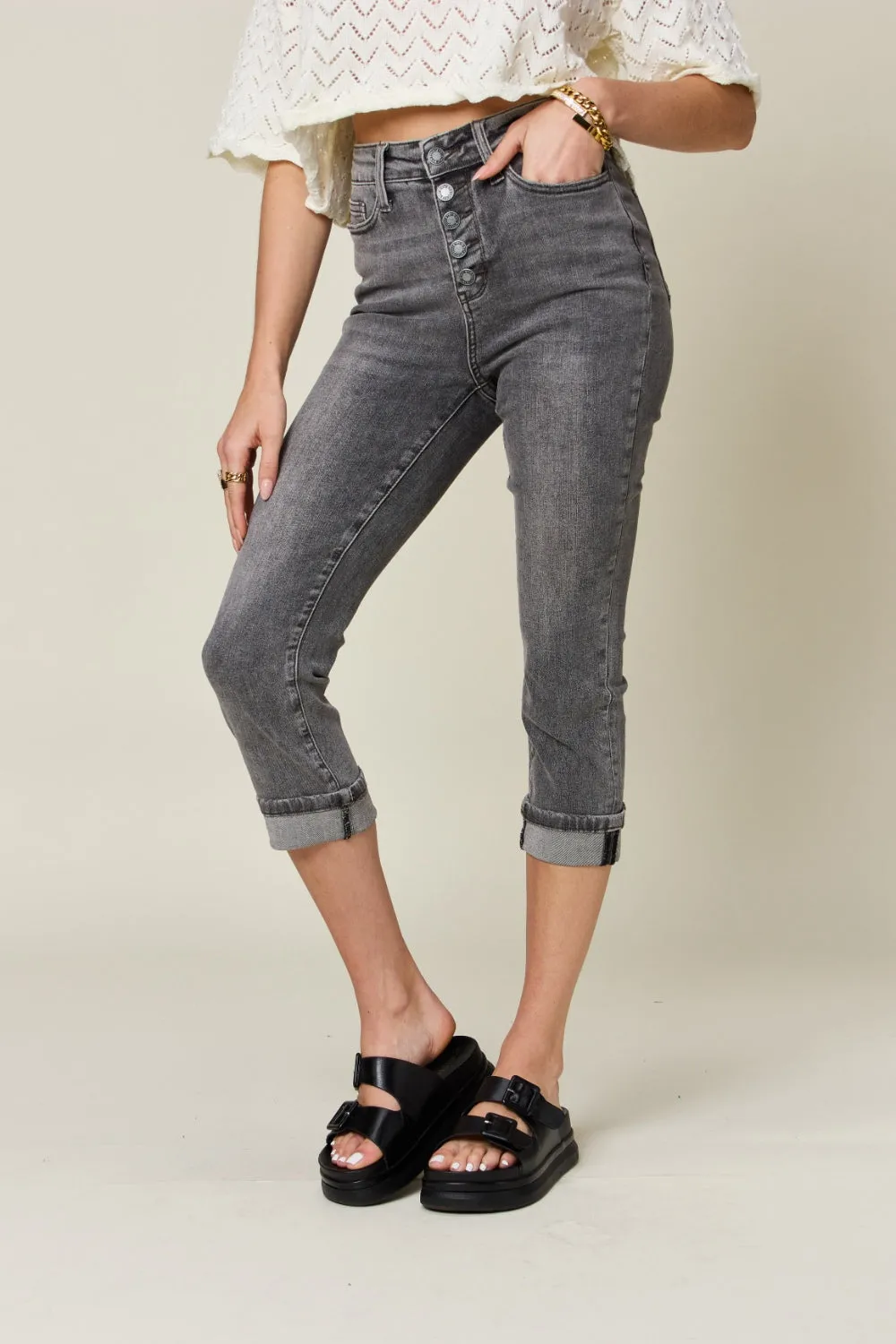 Button-Fly High Waist Cuffed Capris