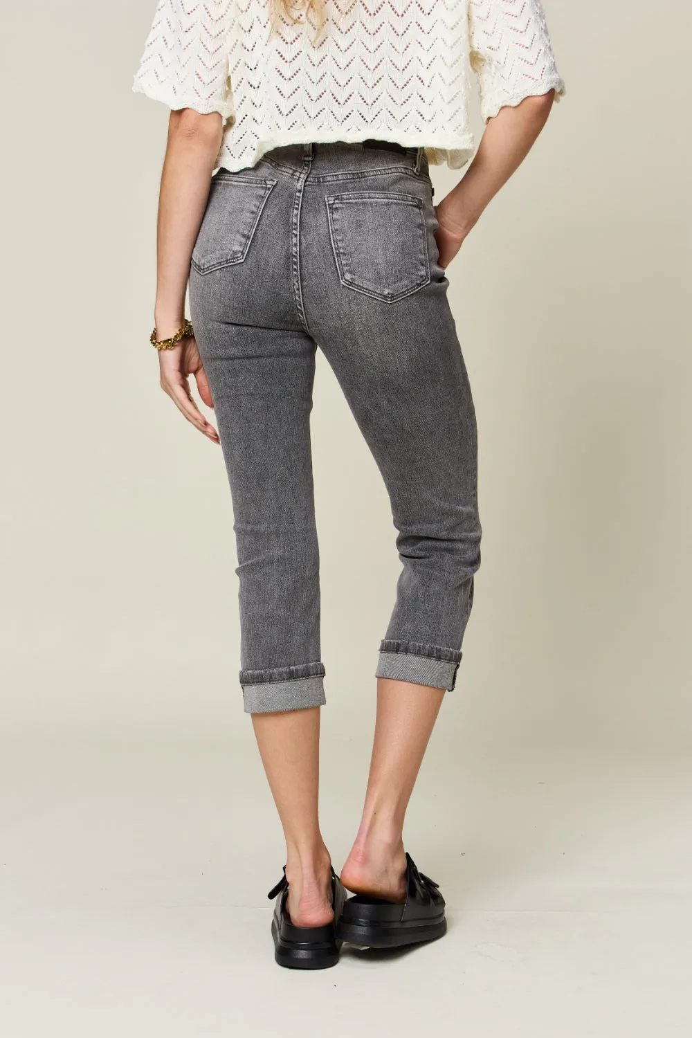 Button-Fly High Waist Cuffed Capris