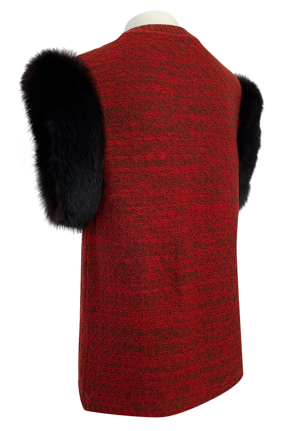 c1973 Yves Saint Laurent Deep Red Sleeveless Sweater Vest w Black Fox Trim & Pockets