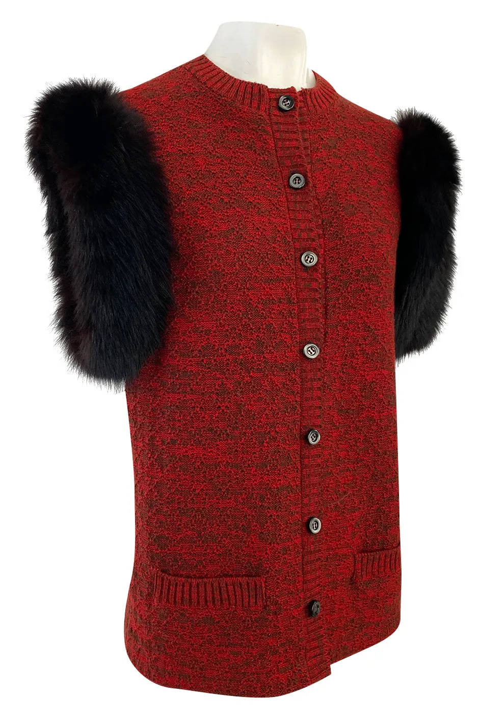 c1973 Yves Saint Laurent Deep Red Sleeveless Sweater Vest w Black Fox Trim & Pockets