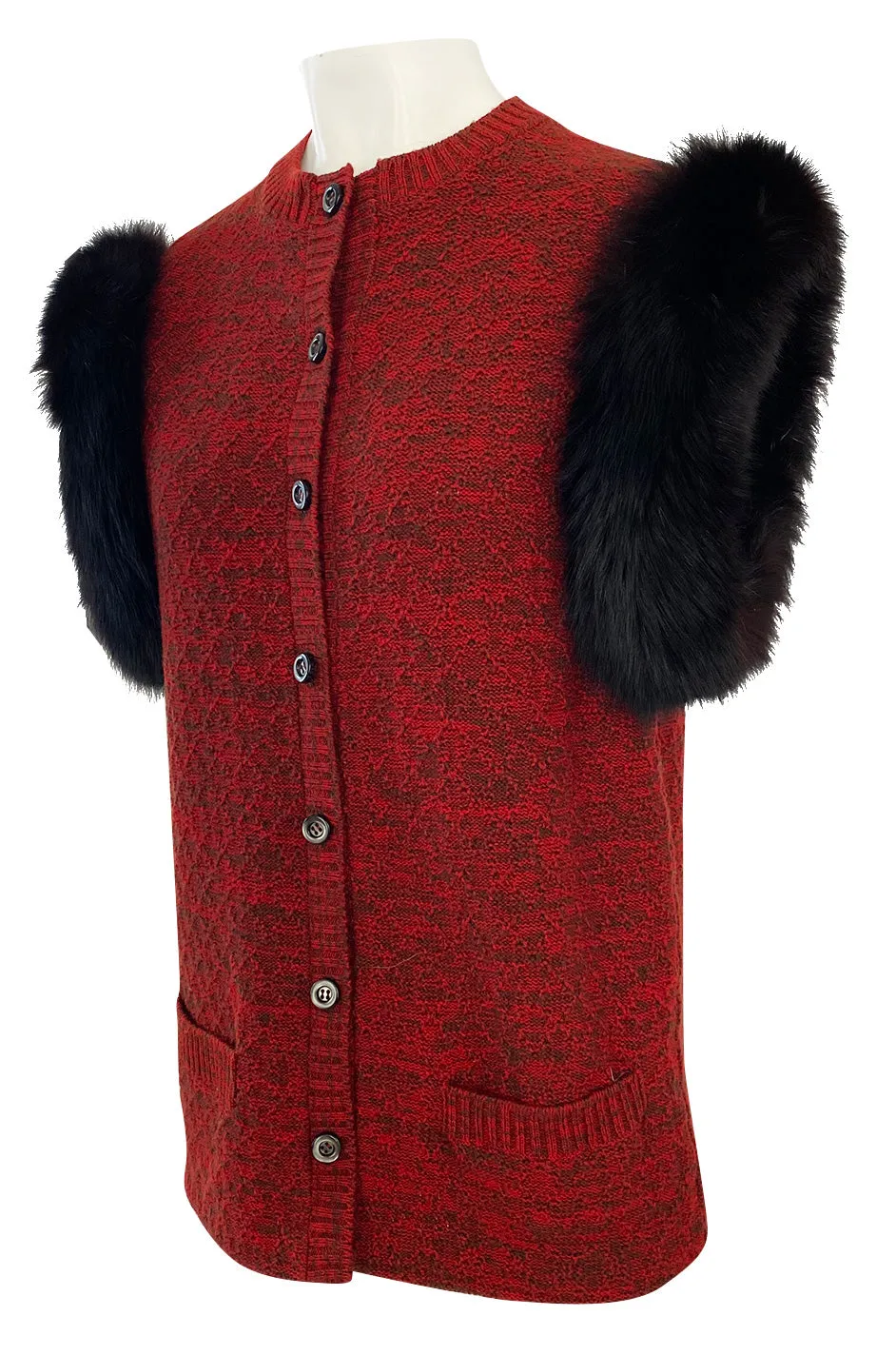 c1973 Yves Saint Laurent Deep Red Sleeveless Sweater Vest w Black Fox Trim & Pockets