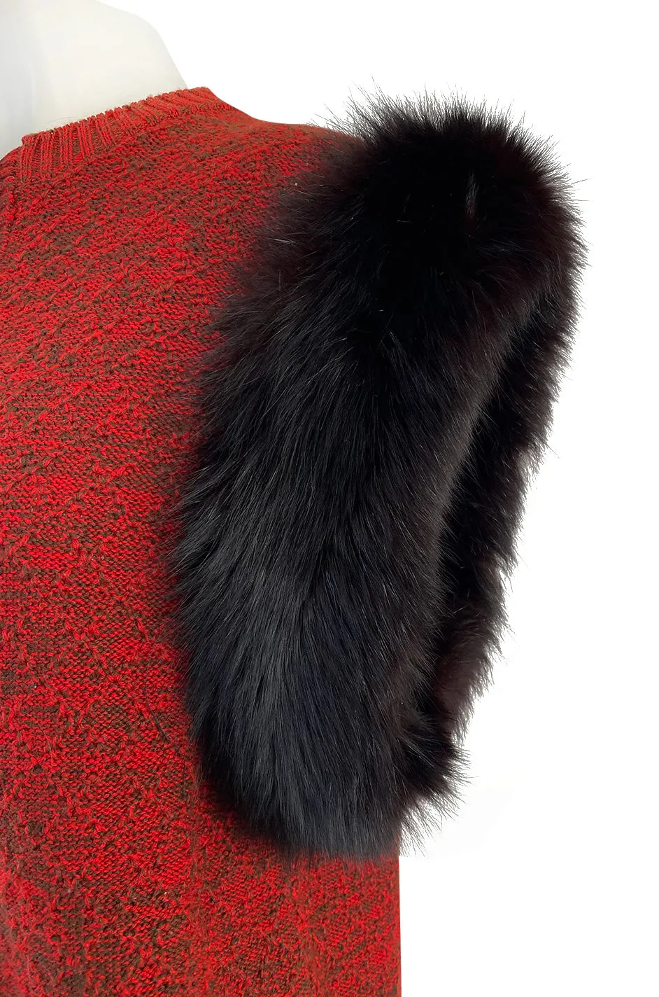 c1973 Yves Saint Laurent Deep Red Sleeveless Sweater Vest w Black Fox Trim & Pockets