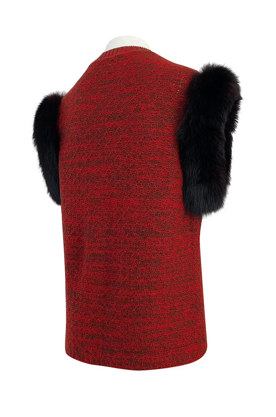 c1973 Yves Saint Laurent Deep Red Sleeveless Sweater Vest w Black Fox Trim & Pockets