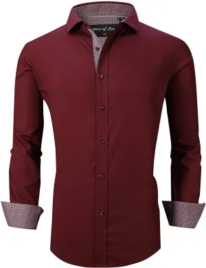 Calvetti Mens Dress Shirts Wrinkle Free Regular Long Sleeve Shirts-BURGUNDY