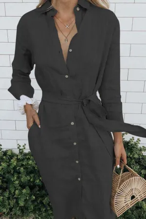 Casual Solid Pocket Frenulum Turndown Collar Shirt Dress Dresses