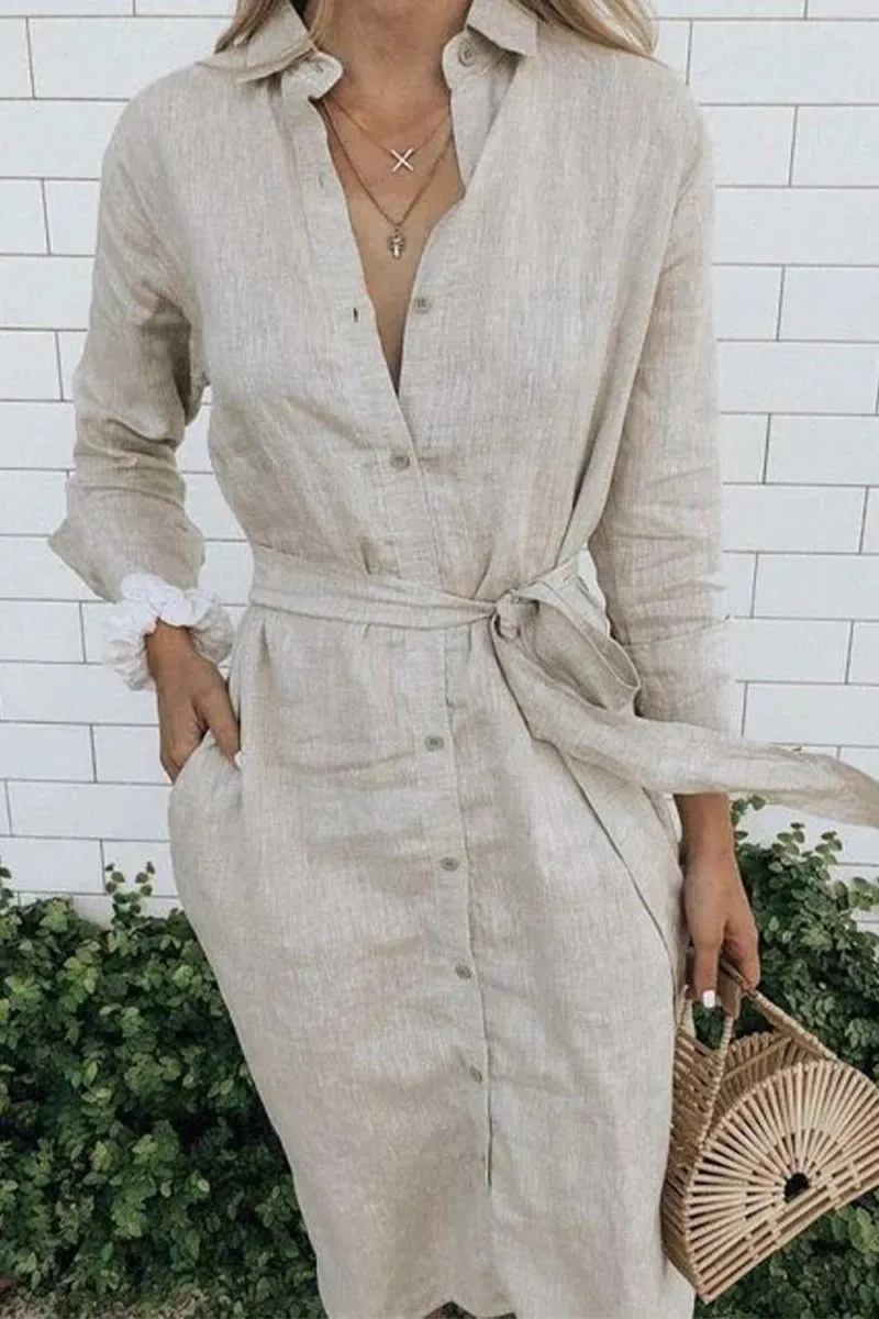 Casual Solid Pocket Frenulum Turndown Collar Shirt Dress Dresses