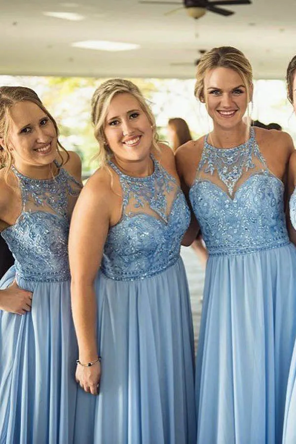 Cheap Blue Chiffon Halter Lace Beaded Long Bridesmaid Dresses Online,MBD108