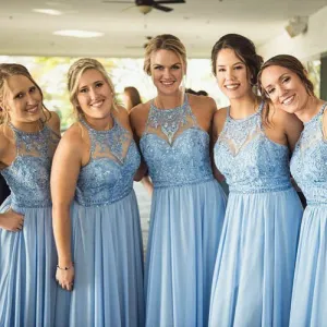 Cheap Blue Chiffon Halter Lace Beaded Long Bridesmaid Dresses Online,MBD108