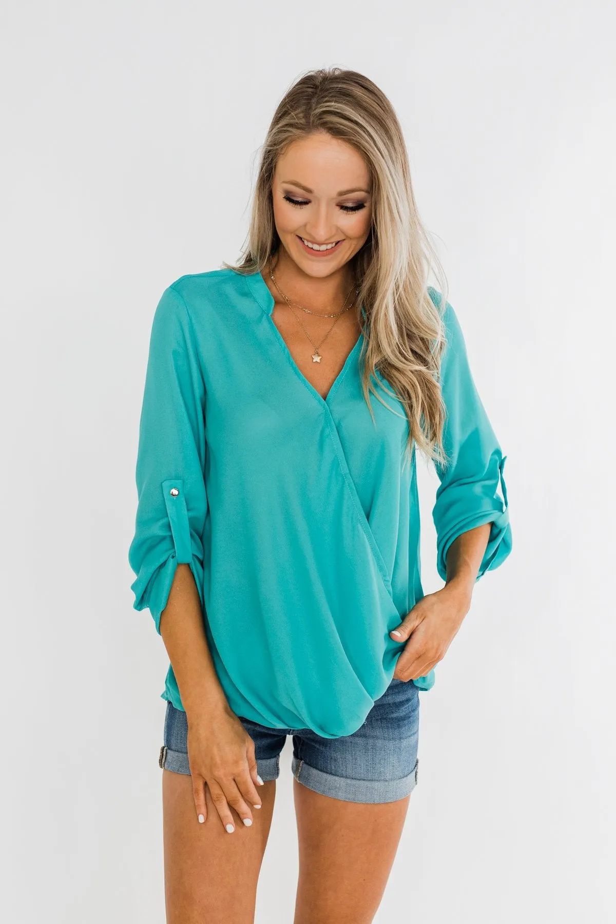 Classy Cutie V-Neck Wrap Blouse- Teal