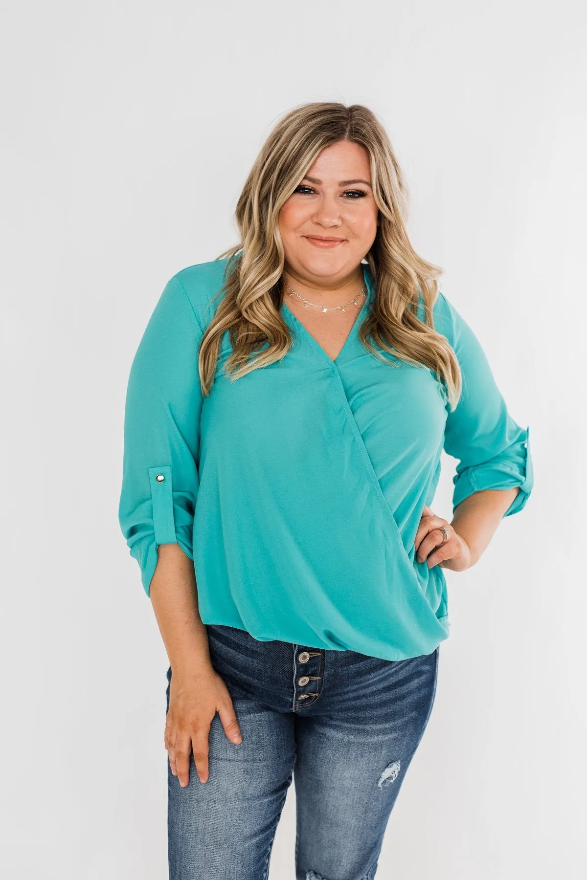 Classy Cutie V-Neck Wrap Blouse- Teal