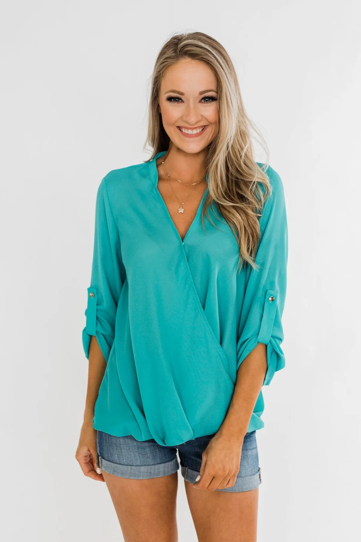 Classy Cutie V-Neck Wrap Blouse- Teal