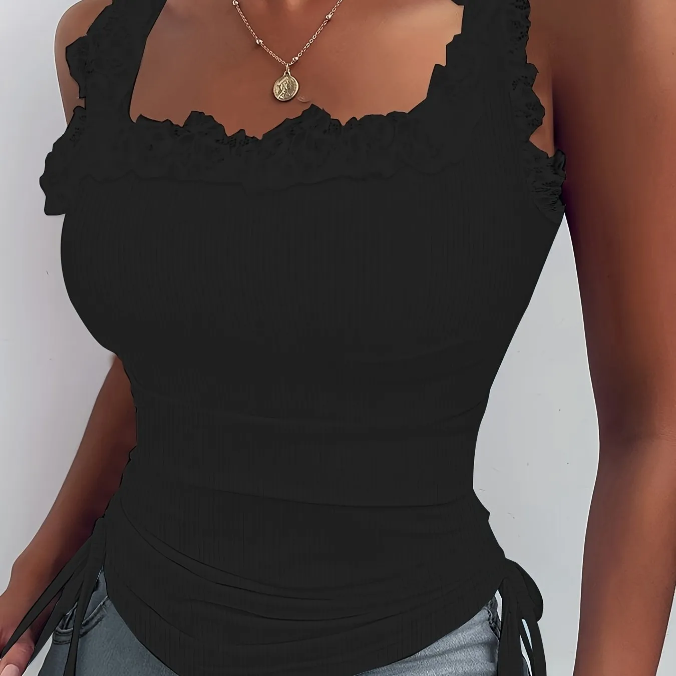 Crew Neck Tank Top with Contrast Lace & Side Drawstring – Chic & Feminine