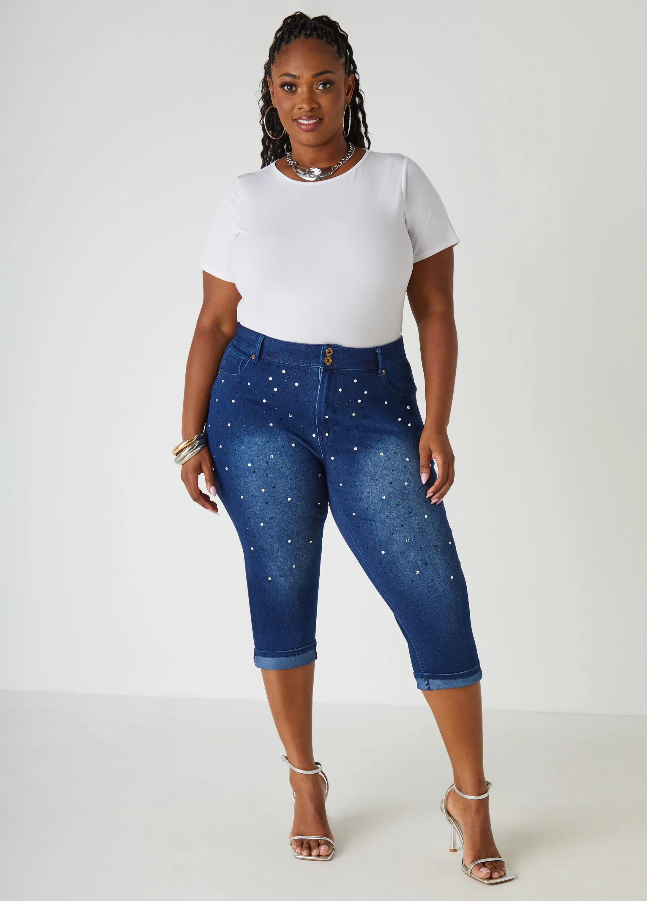Cuffed Crystal Denim Capris