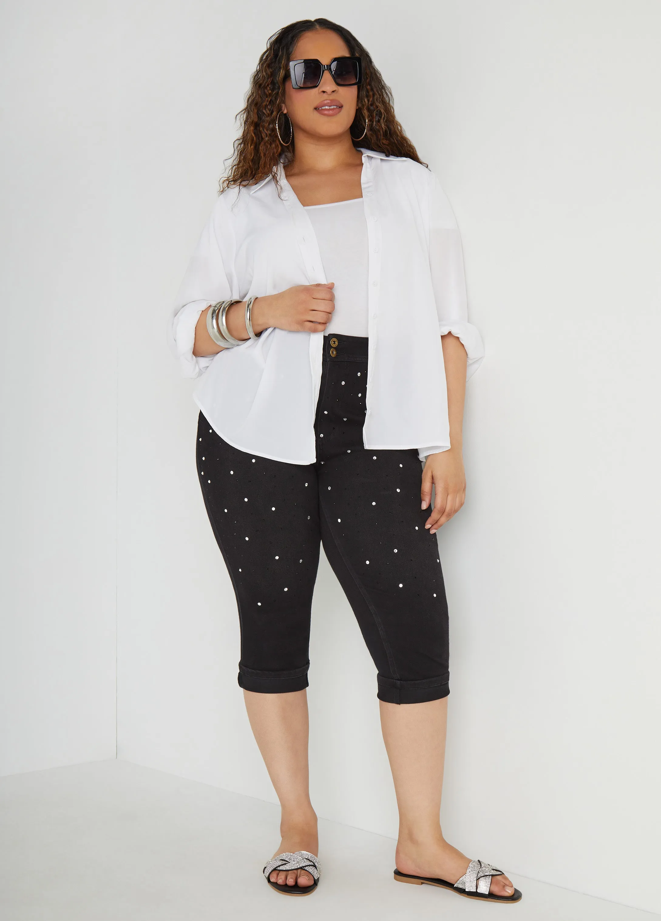 Cuffed Crystal Denim Capris
