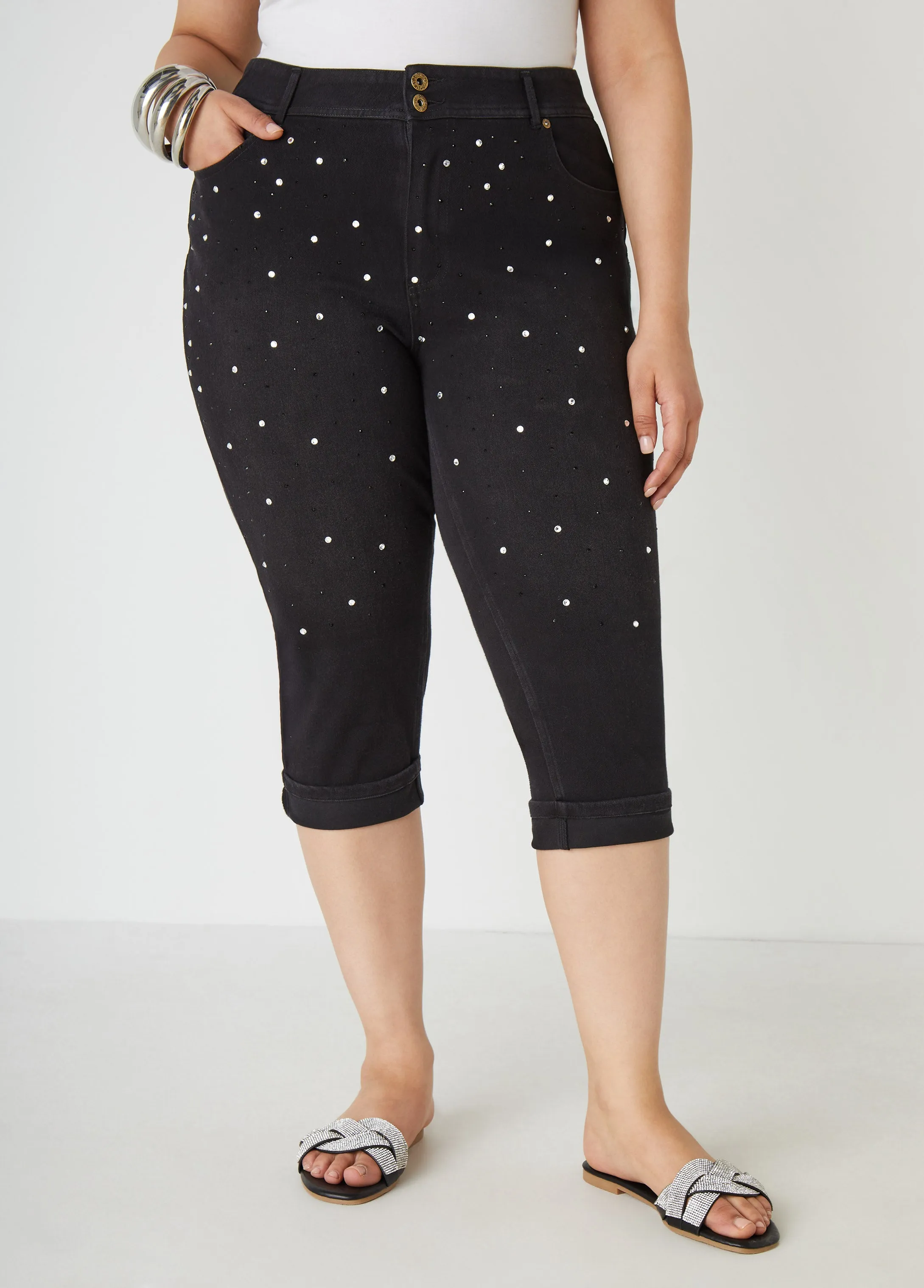 Cuffed Crystal Denim Capris