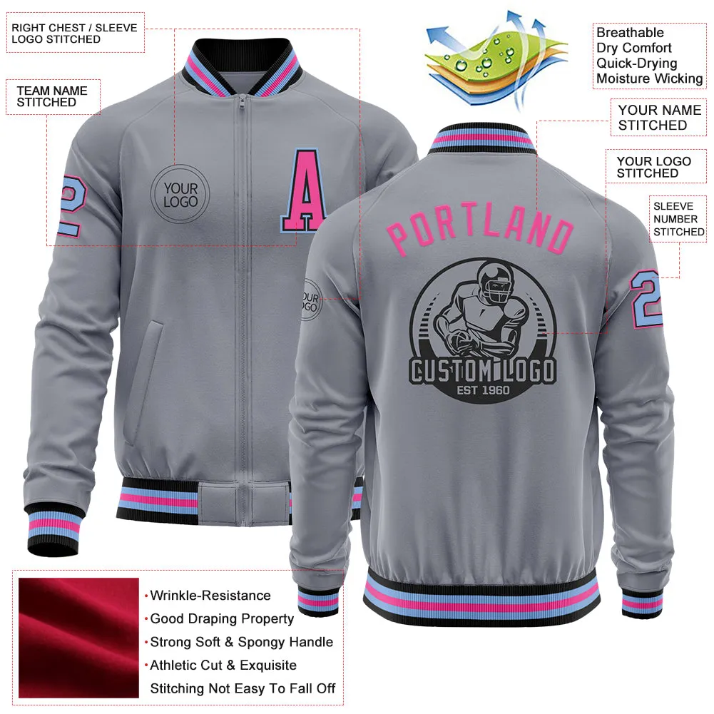 Custom Gray Light Blue Black-Pink Bomber Varsity Letterman Zipper Jacket