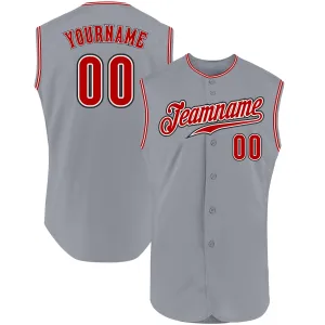 Custom Gray Red-Black Authentic Sleeveless Baseball Jersey