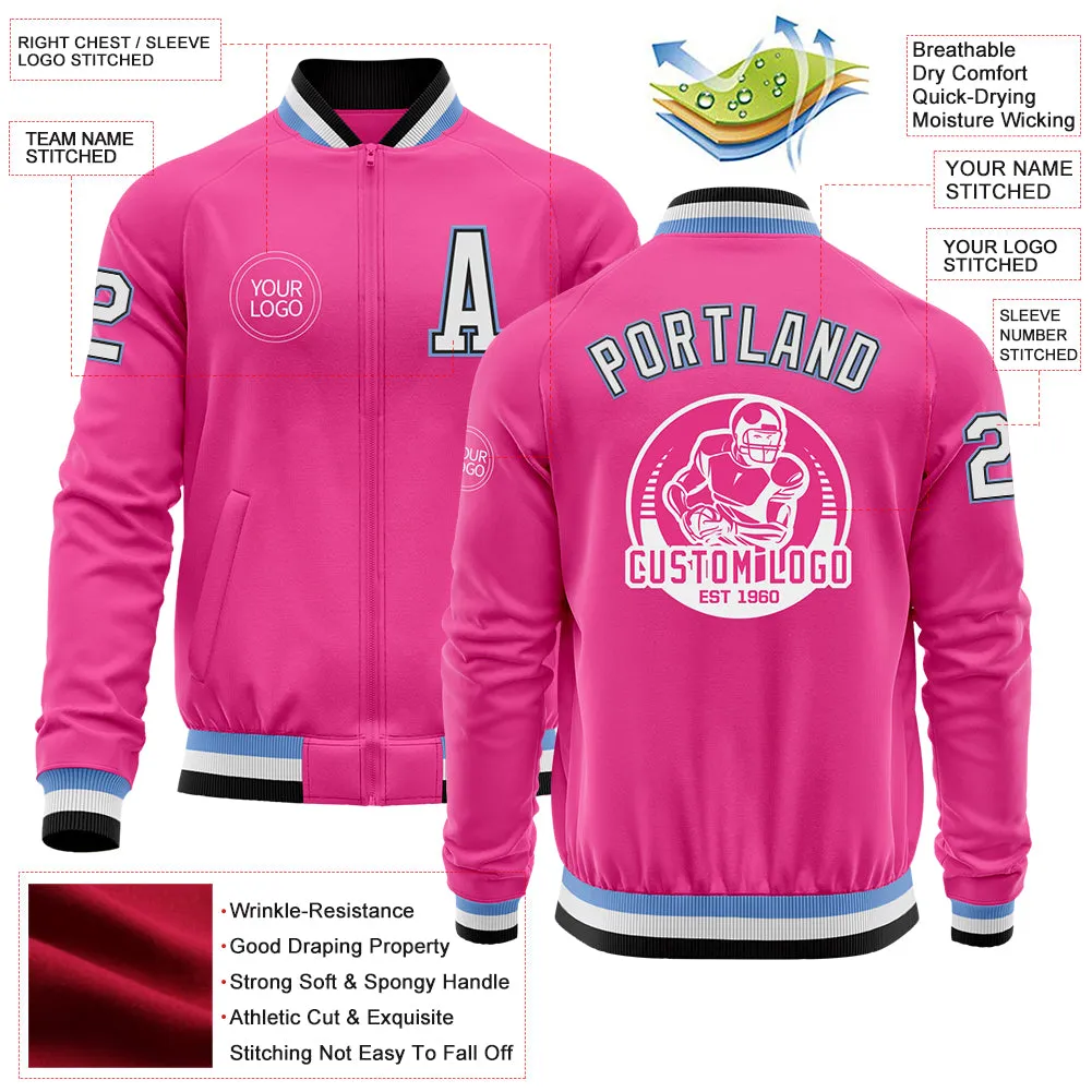Custom Pink Black-Light Blue Bomber Varsity Letterman Zipper Jacket