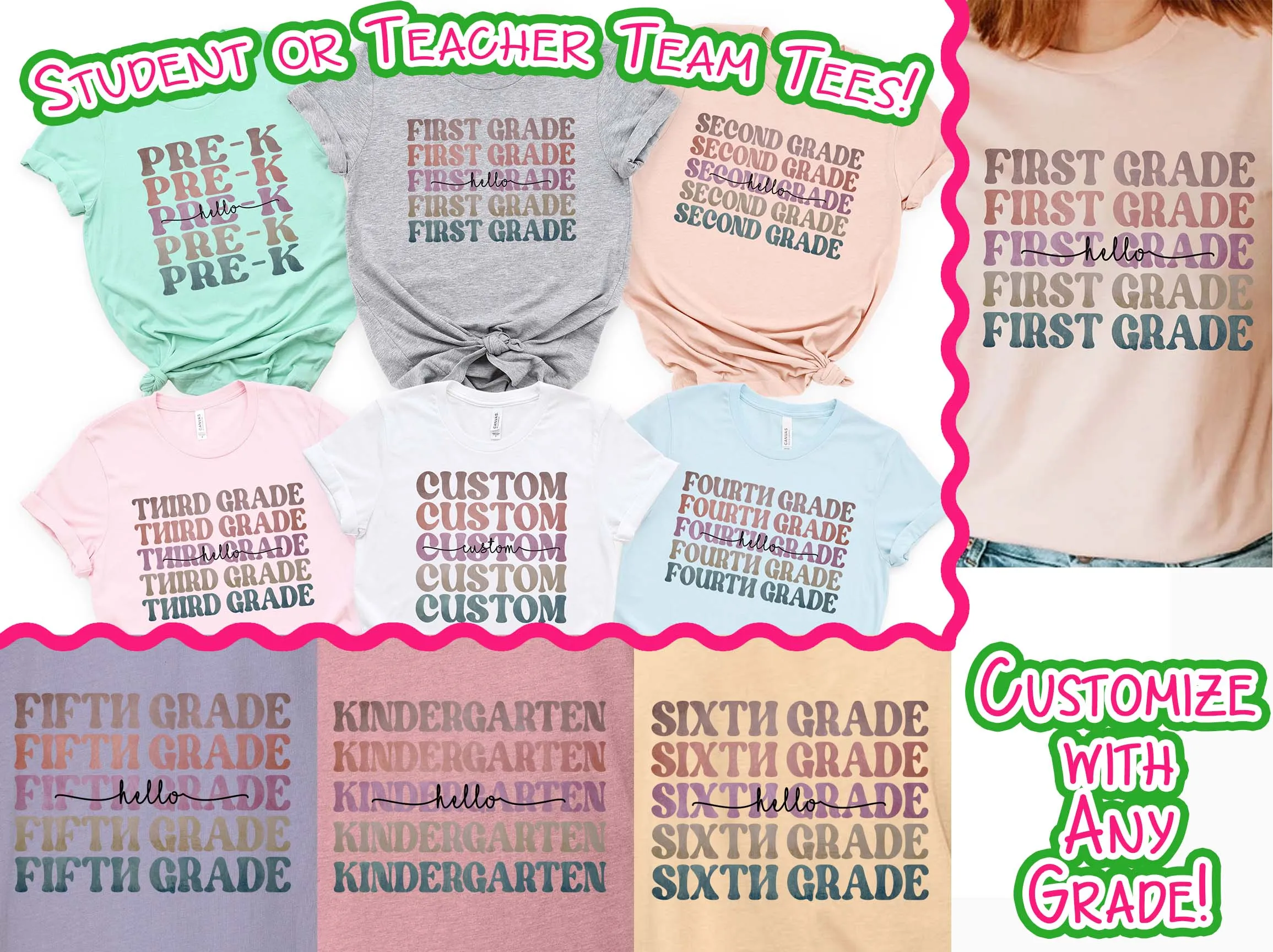 Custom Retro Mirror Hello Grade Student & Teacher Tee