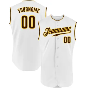 Custom White Brown-Gold Authentic Sleeveless Baseball Jersey