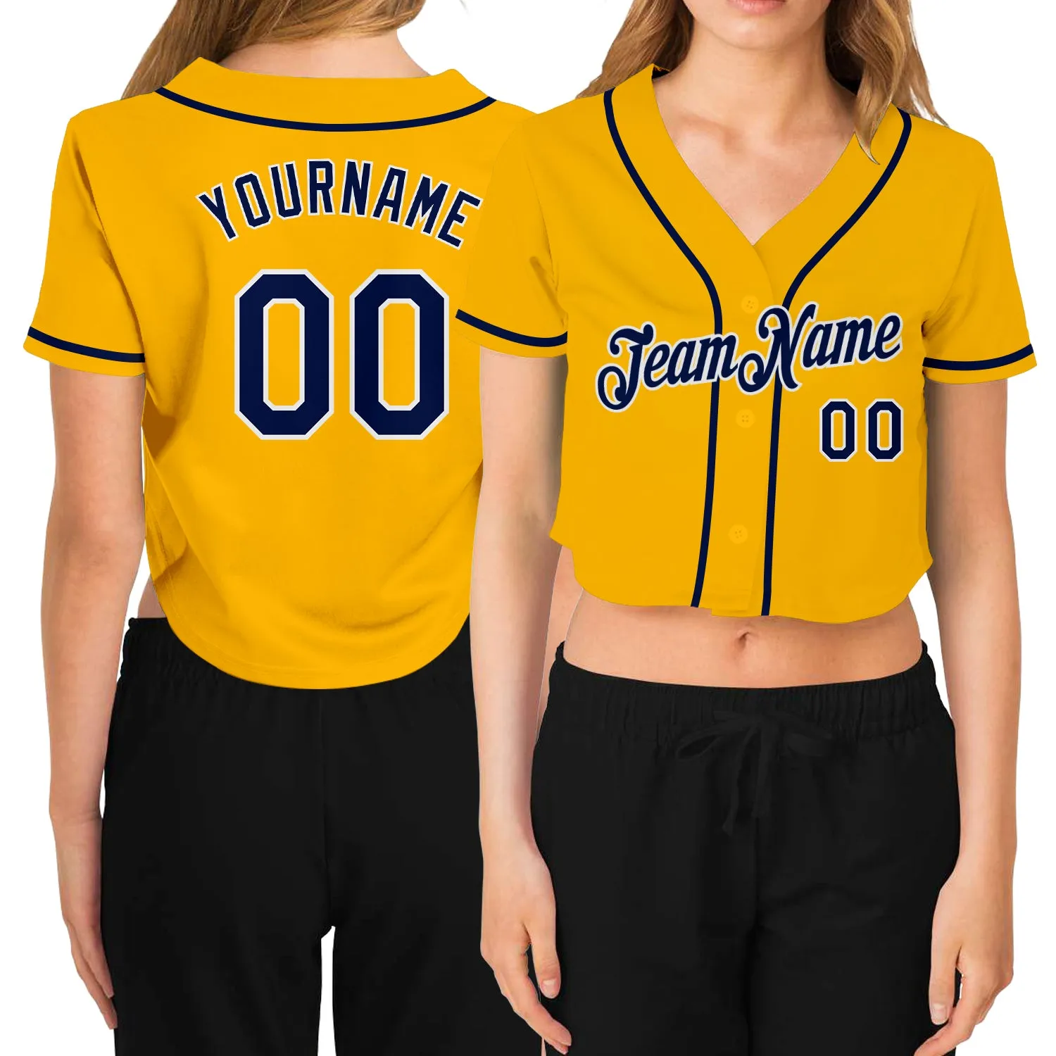 Custom Women's Gold Navy-White V-Neck Cropped Baseball Jersey