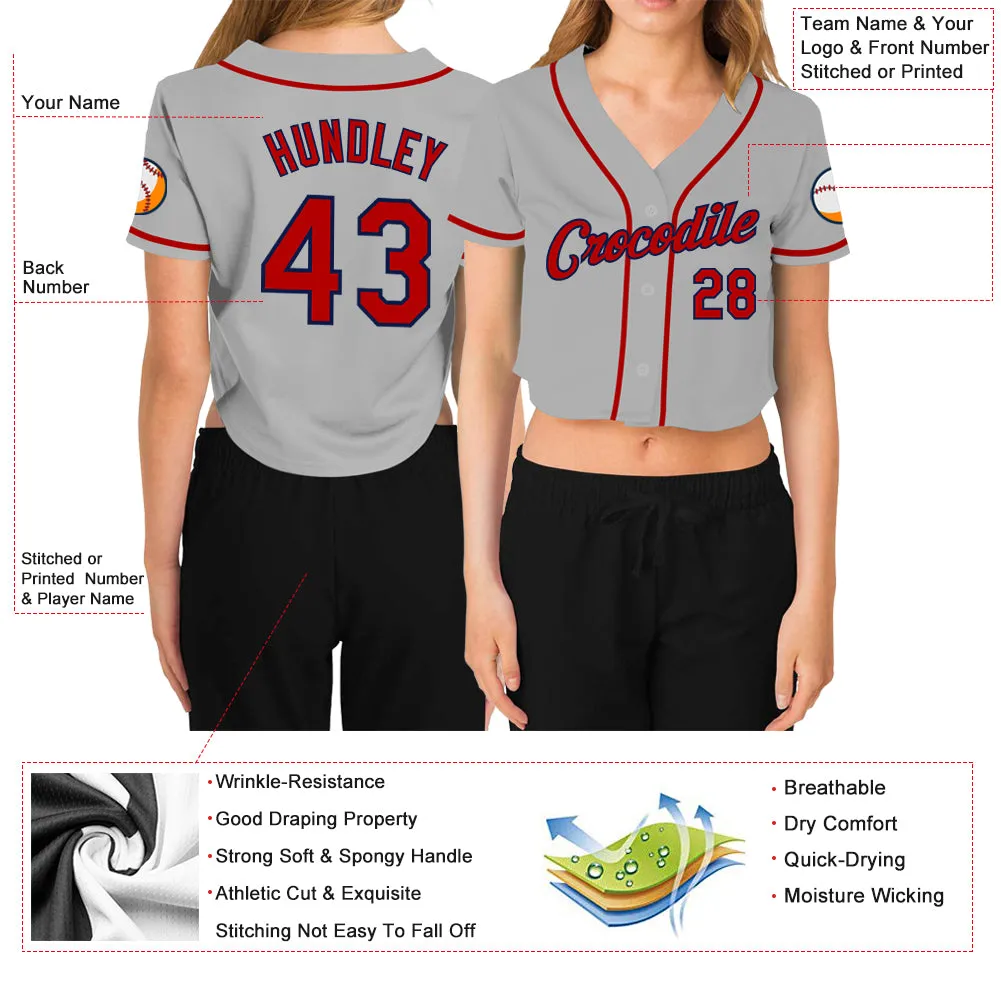 Custom Women's Gray Red-Navy V-Neck Cropped Baseball Jersey