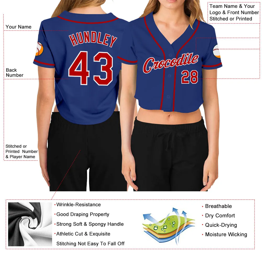 Custom Women's Royal Red-White V-Neck Cropped Baseball Jersey