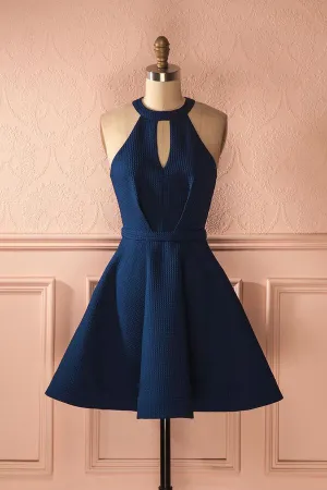 Dark Blue Halter A Line Open Back Sleeveless Homecoming Dresses, MH224