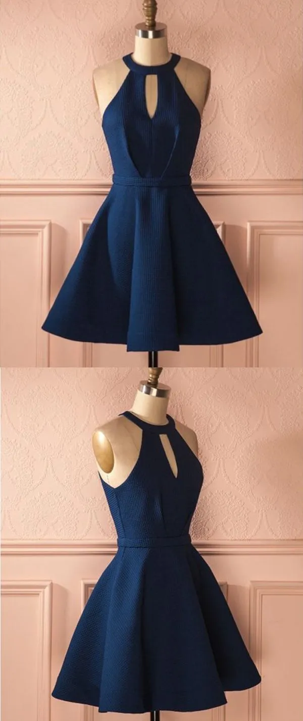 Dark Blue Halter A Line Open Back Sleeveless Homecoming Dresses, MH224