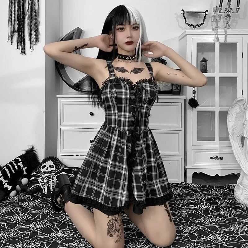 Dark Drawstring Lace Plaid Dress UB6248