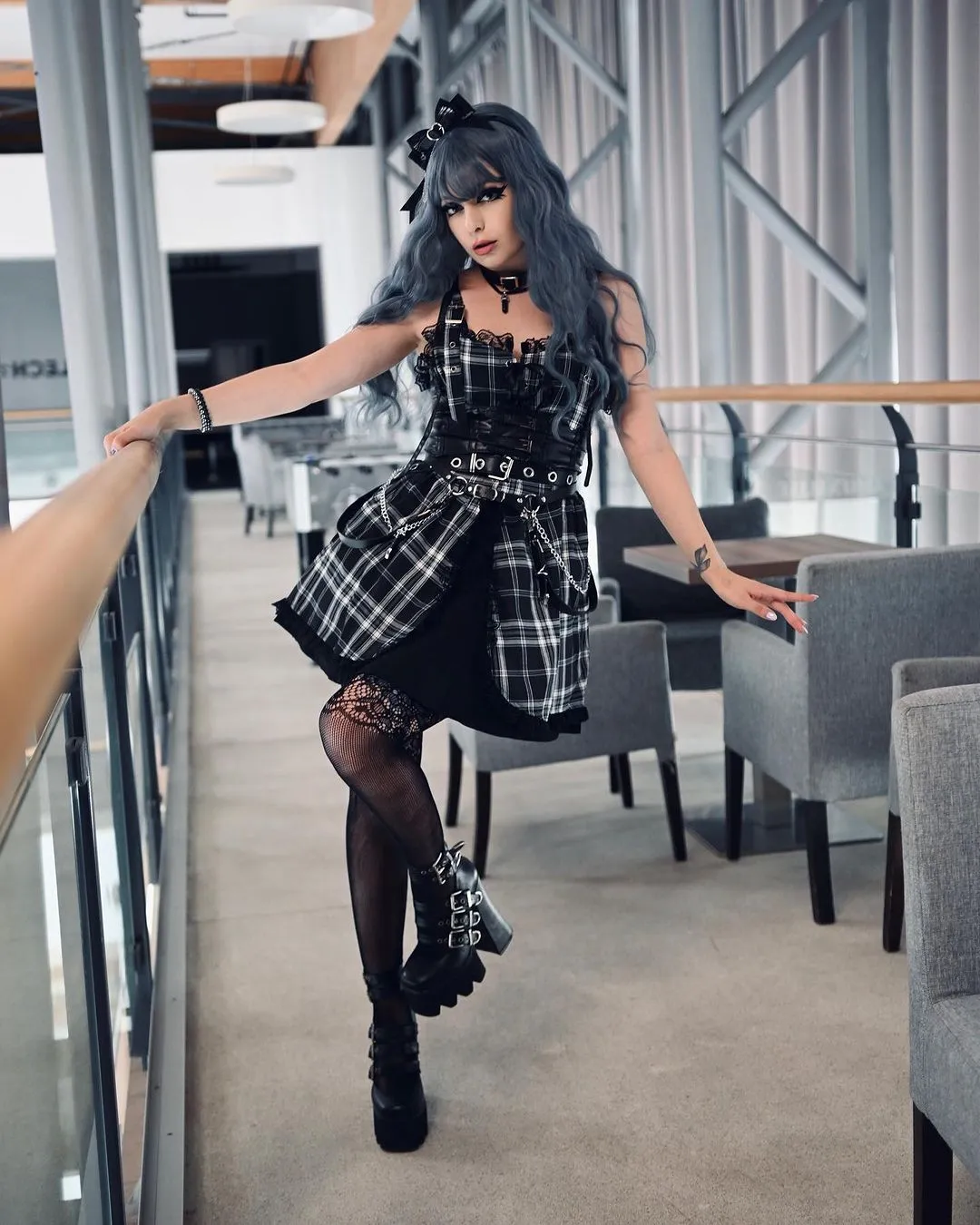 Dark Drawstring Lace Plaid Dress UB6248
