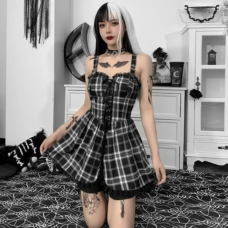 Dark Drawstring Lace Plaid Dress UB6248