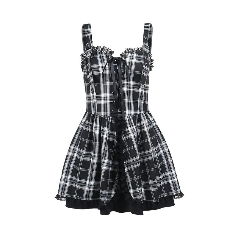 Dark Drawstring Lace Plaid Dress UB6248