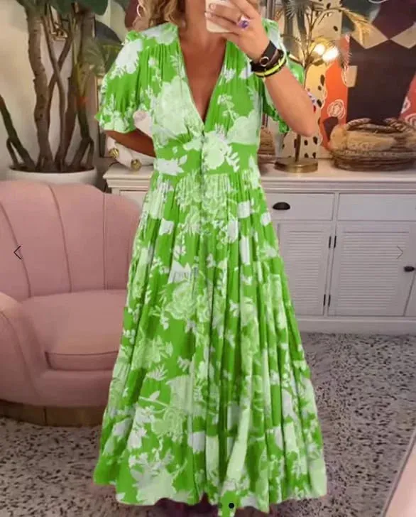 Delvina - Comfortable long dress with V-neckline and pocket