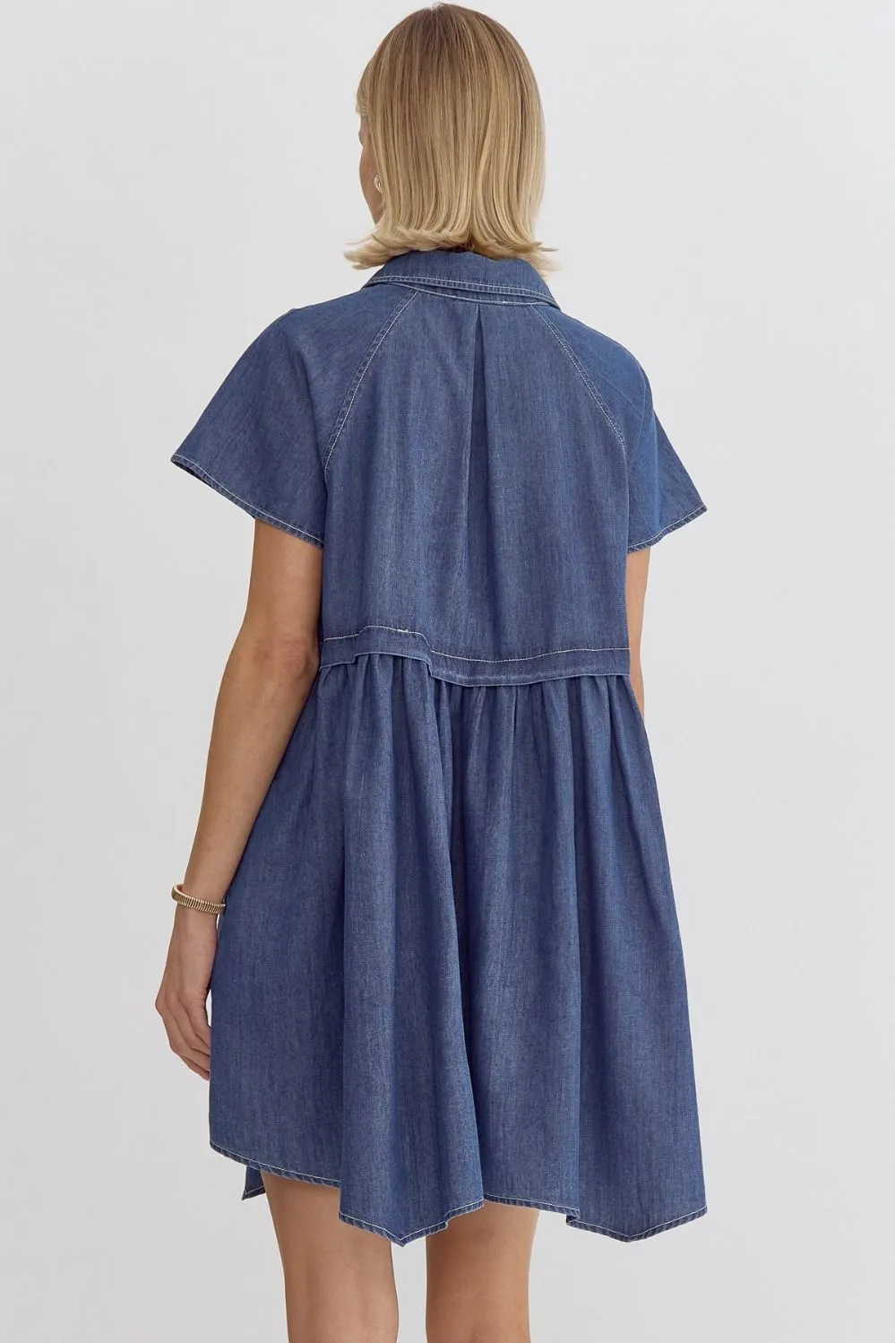 Denim Button Down Collared Short Sleeve Dress