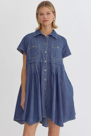 Denim Button Down Collared Short Sleeve Dress