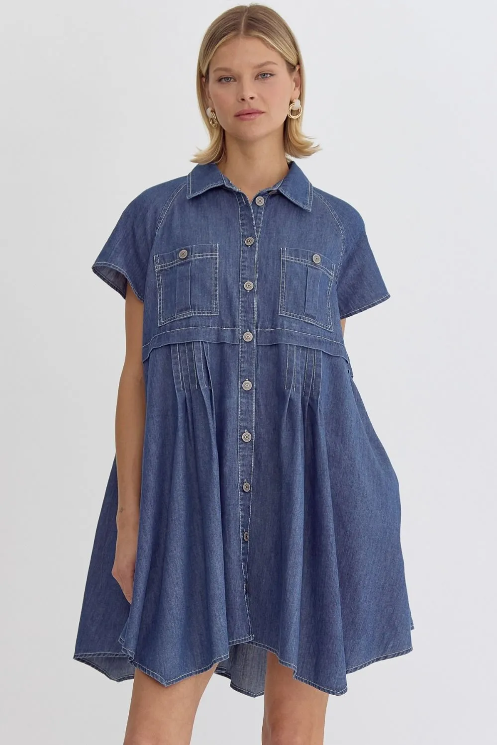 Denim Button Down Collared Short Sleeve Dress
