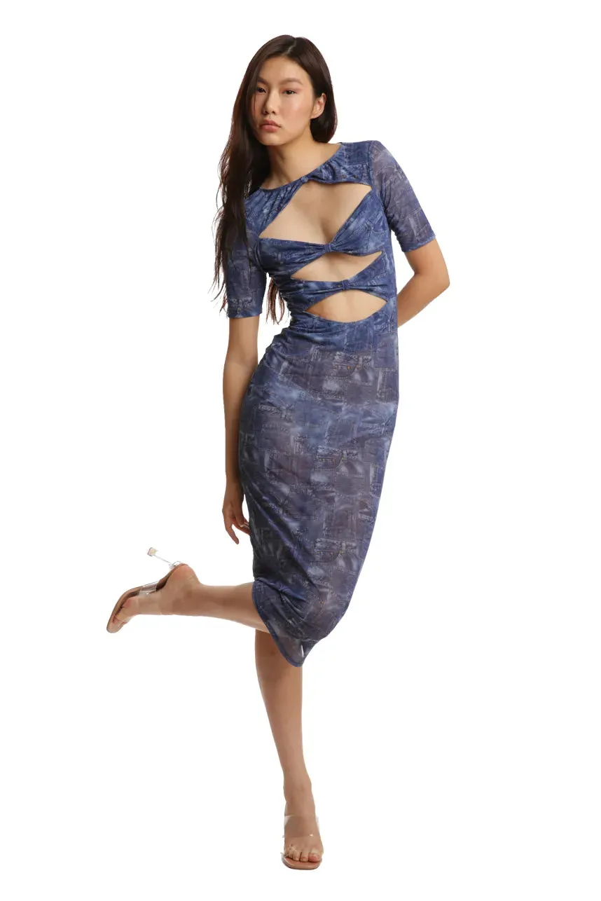 Denim Pocket Net Boe Tie Dress