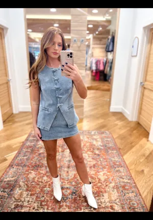 Denim Vest with Snap Button and Ribbon Bow
