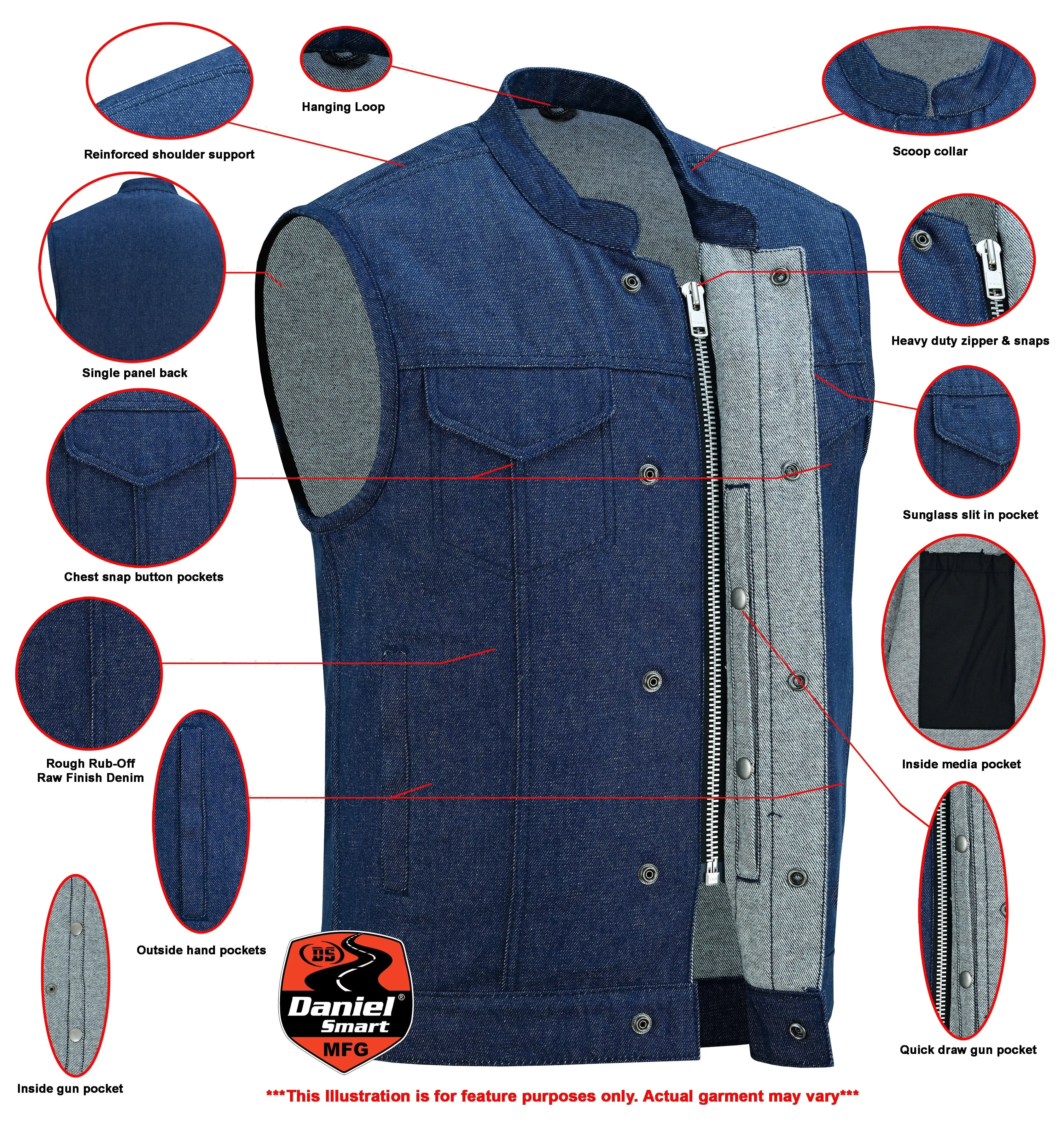 DM Men's Blue Rough Rub-Off Raw Finish Denim Vest