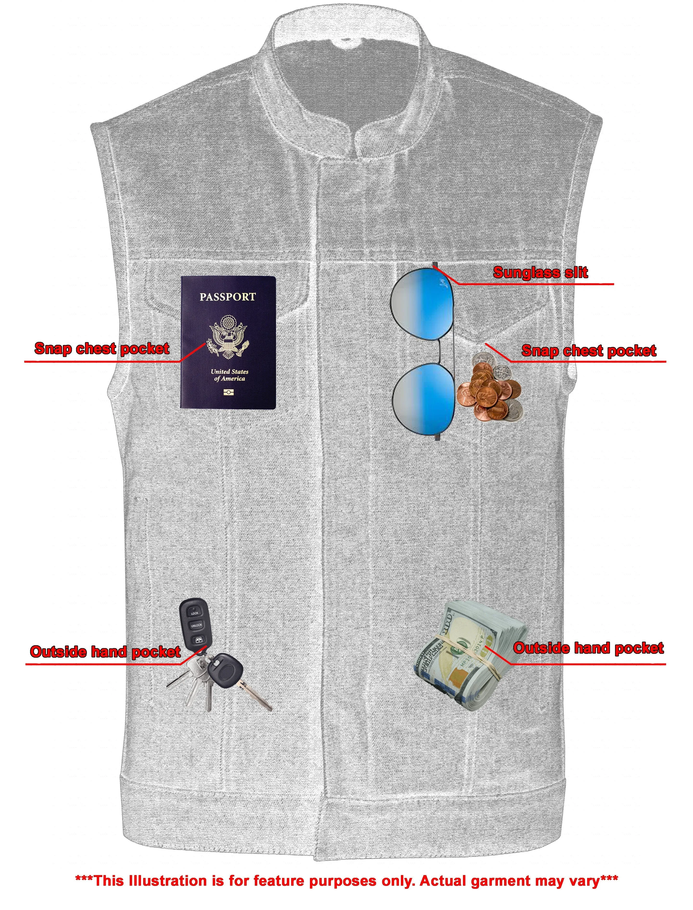 DM Men's Blue Rough Rub-Off Raw Finish Denim Vest