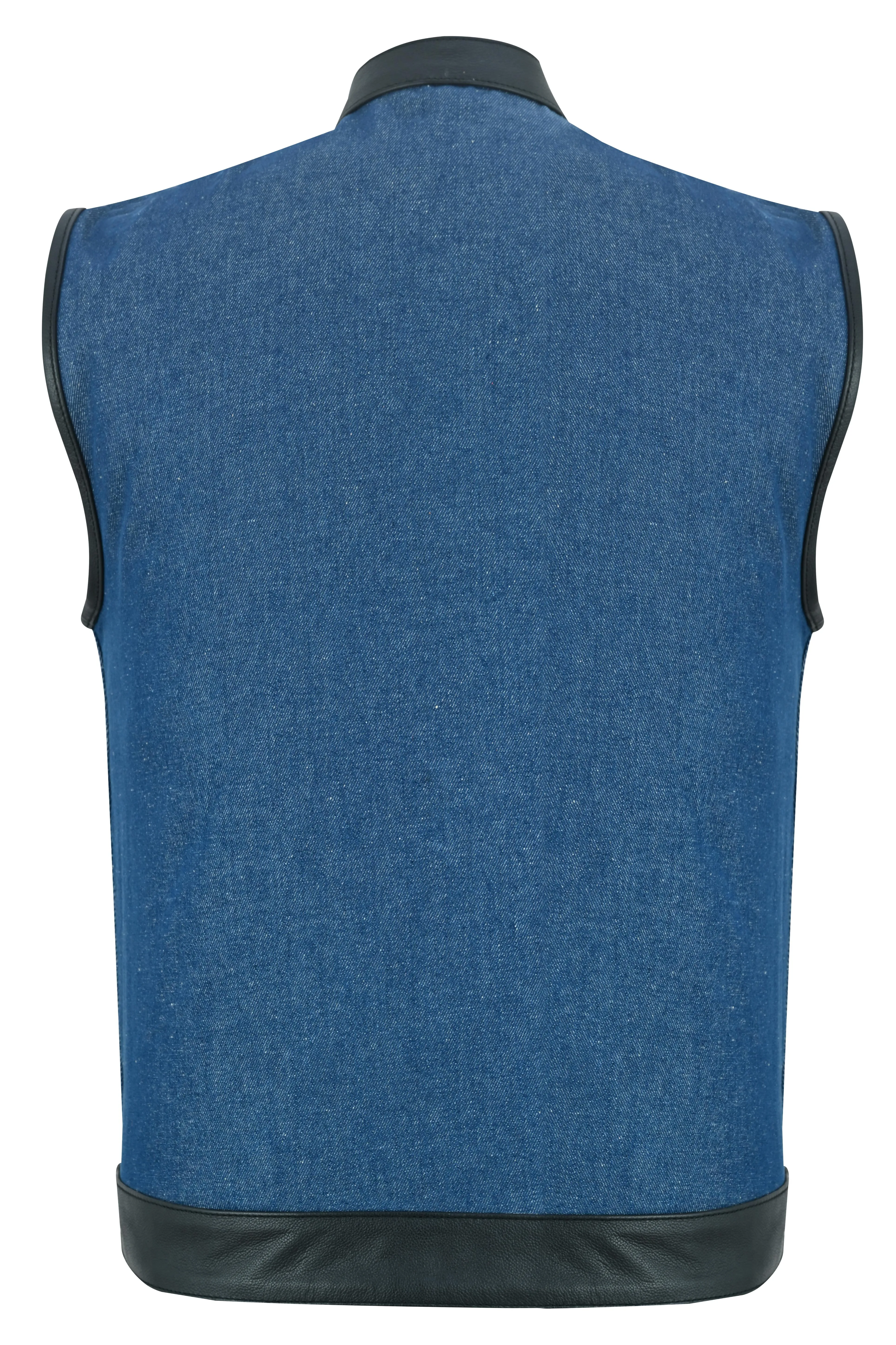 DM Men's Upgraded Broken Blue Denim Motorcycle Vest w/Leather Trimming