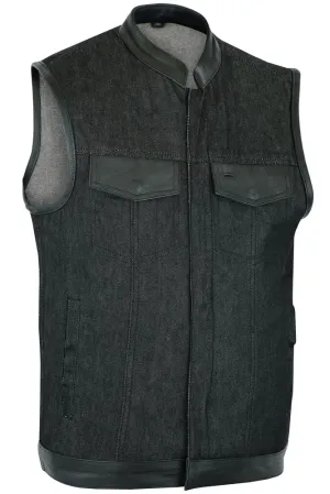 DM Men's Upgraded Rough Rub-Off Denim Motorcycle Vest w/Leather Trim