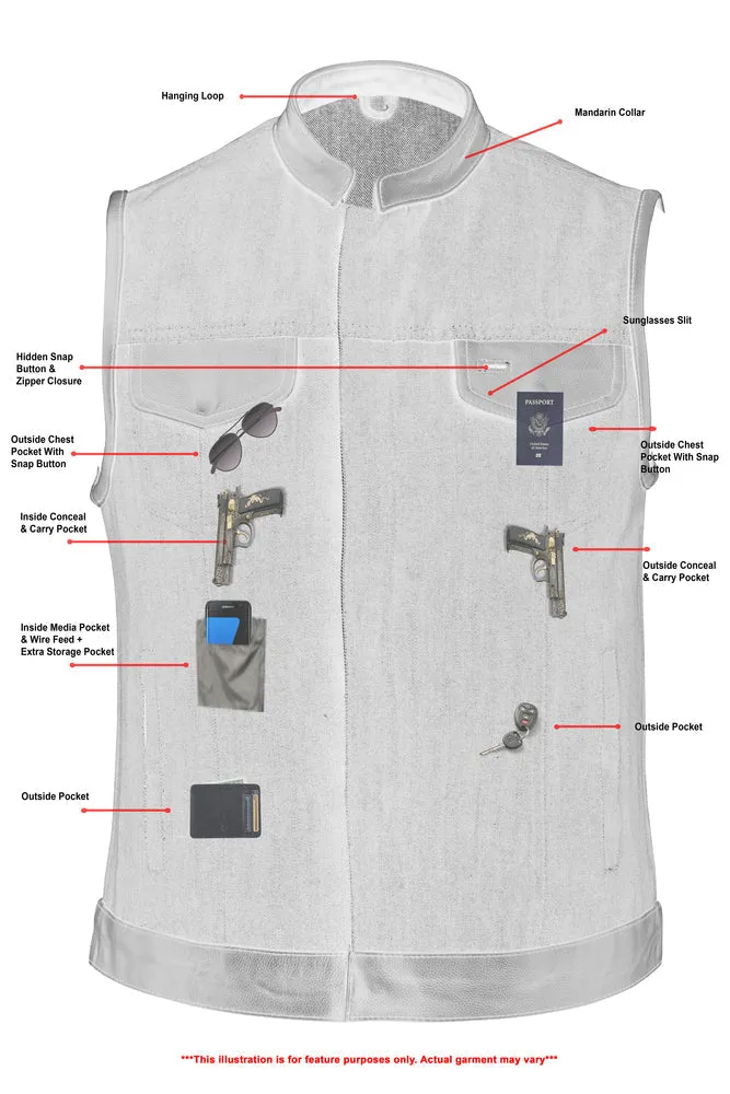 DM Women's Broken Blue Rough Rub-Off Raw Finish Denim Vest W/Leath