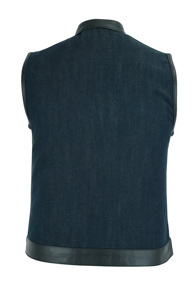 DM Women's Broken Blue Rough Rub-Off Raw Finish Denim Vest W/Leath