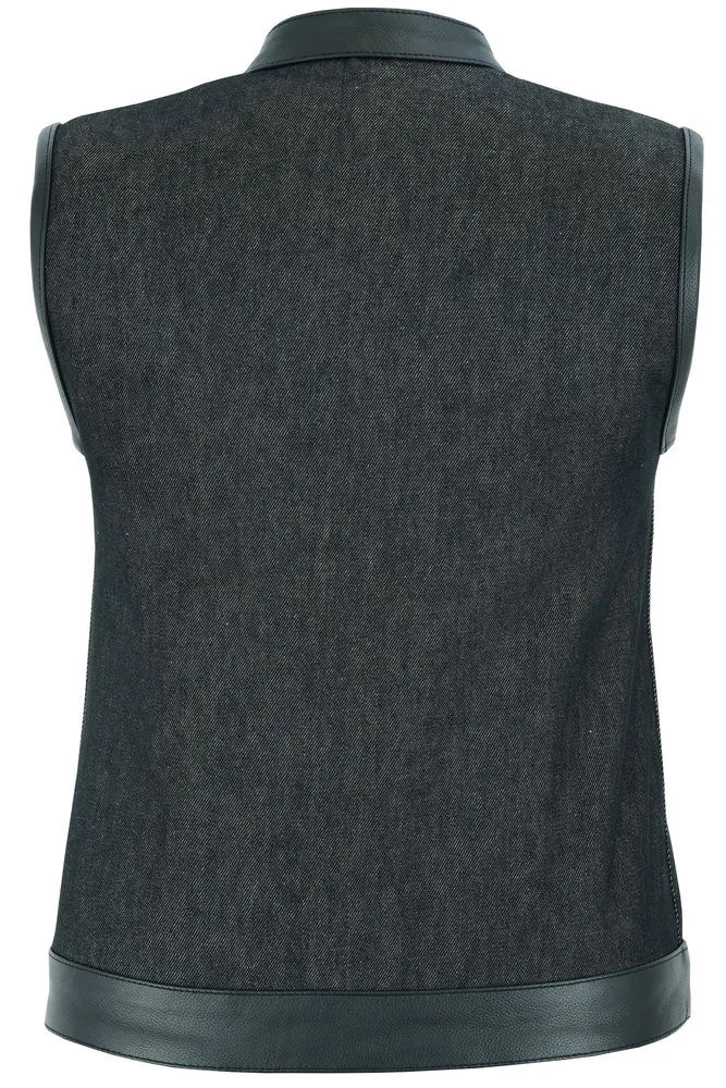DM Women's Rough Rub-Off Raw Finish Denim Vest W/Leather Trim