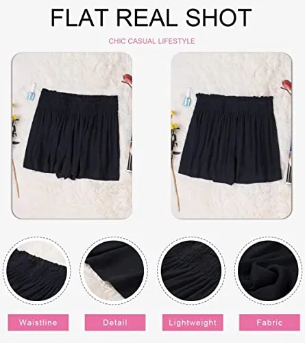 Dokotoo Womens Ladies Athletic Summer Casual Smocked Ruffle Elastic High Waisted Soft Comfy Fashion Beach Shorts for Women Black Small