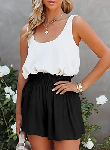 Dokotoo Womens Ladies Athletic Summer Casual Smocked Ruffle Elastic High Waisted Soft Comfy Fashion Beach Shorts for Women Black Small