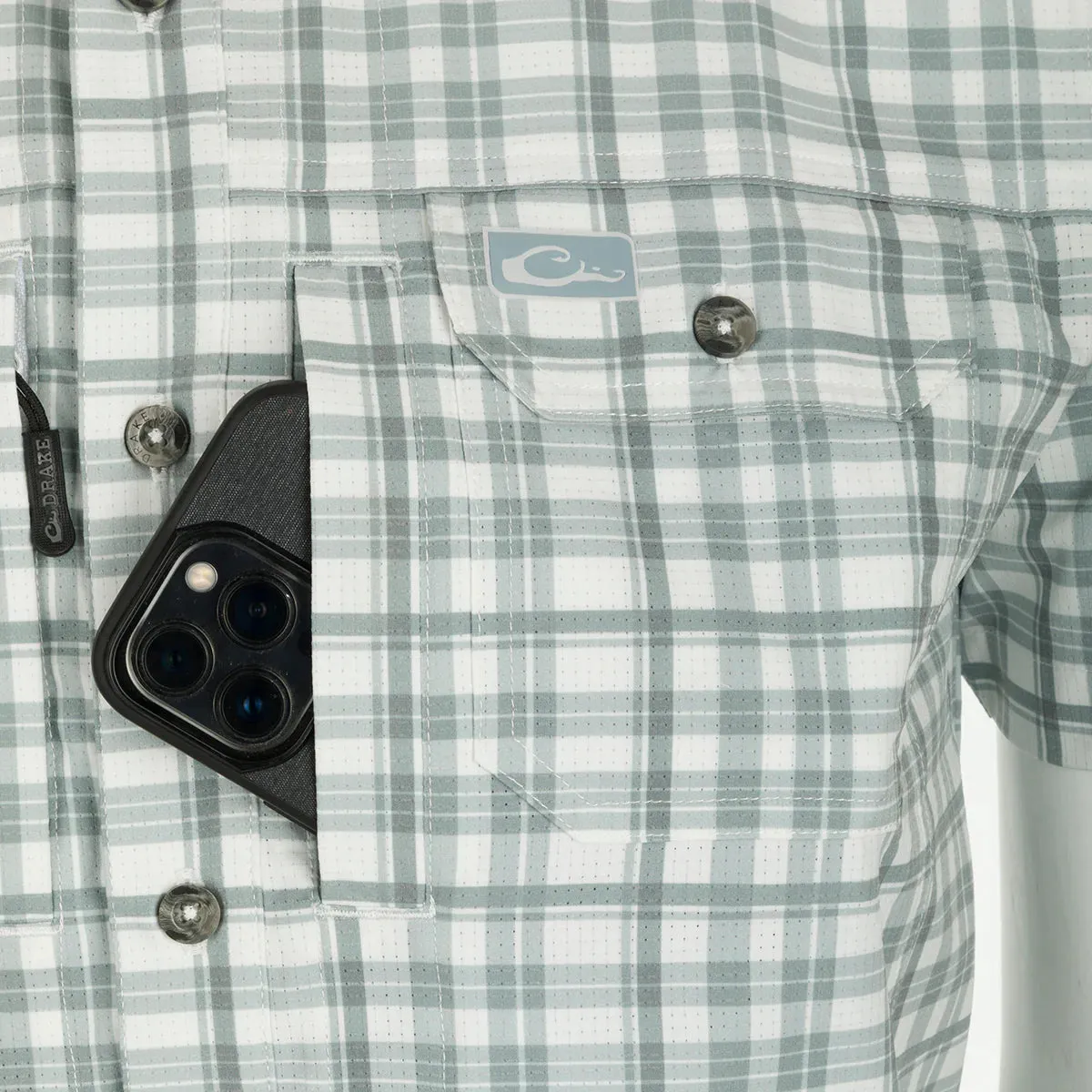 DRAKE HUNTER CREEK WINDOW PANE PLAID SHIRT S/S - MONUMENT GREY