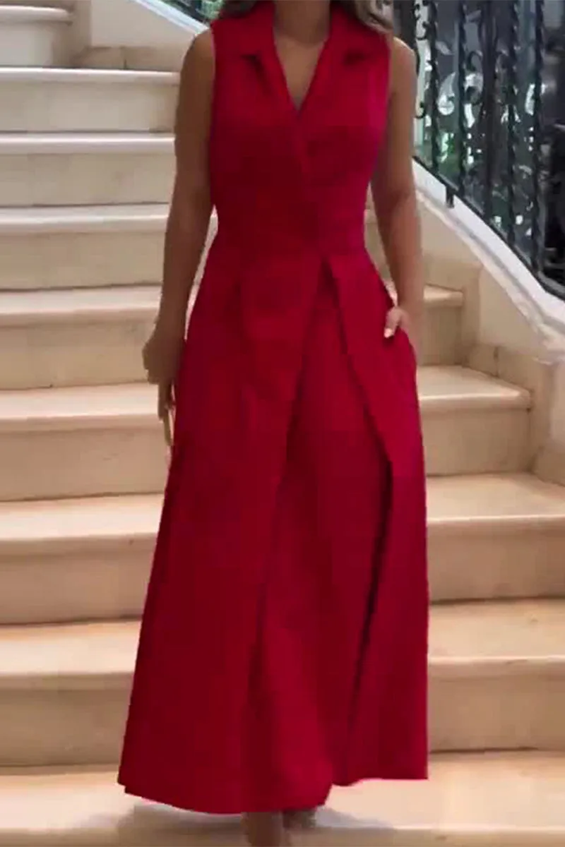 Elegant Solid Pocket Fold Turndown Collar Shirt Dresses